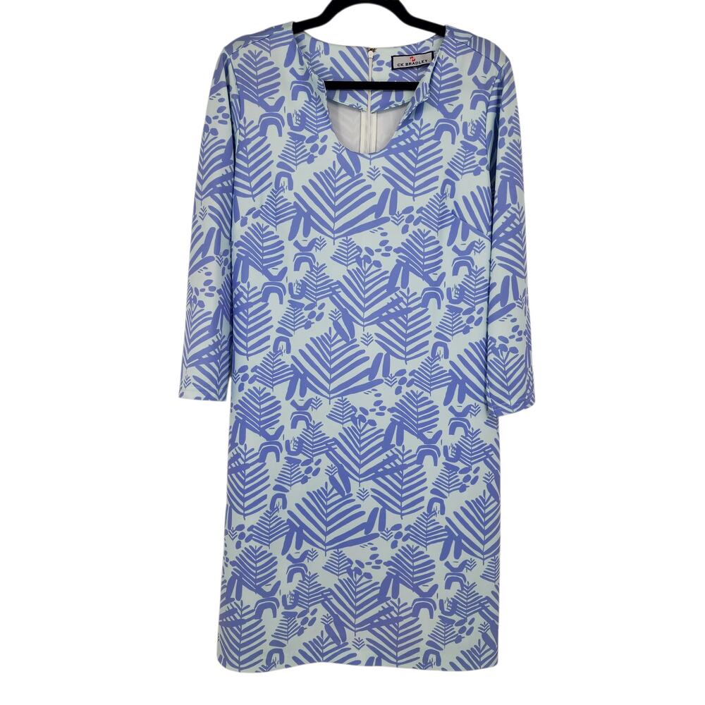 CK Bradley Islesboro White Periwinkle Blue Print 3/4 Sleeve Shift Dress Size L